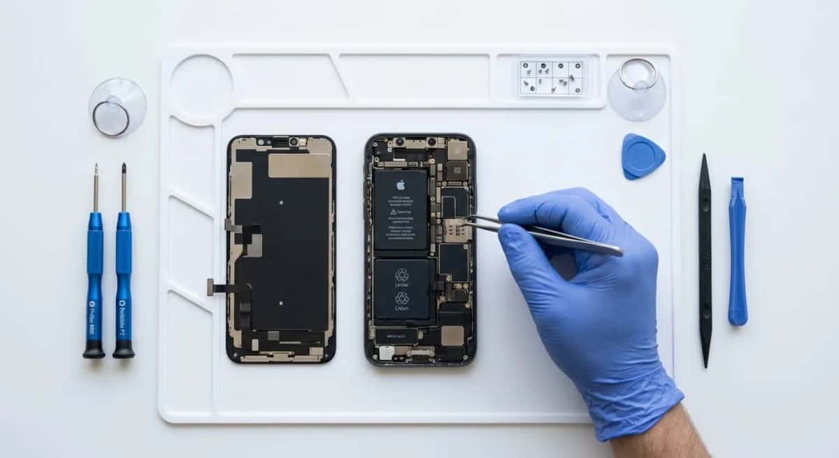 Réparation iPhone sur le tapis de l’atelier à Pau