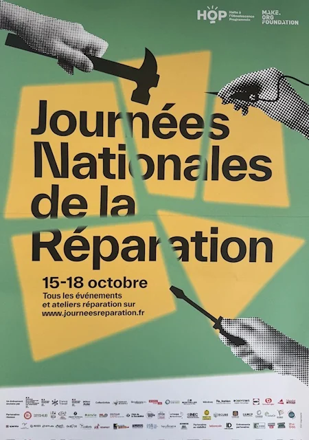 Affiche des Journées nationales de la réparation : « 15-18 octobre », des mains qui tiennent un marteau et un tournevis sur fond vert et jaune.
